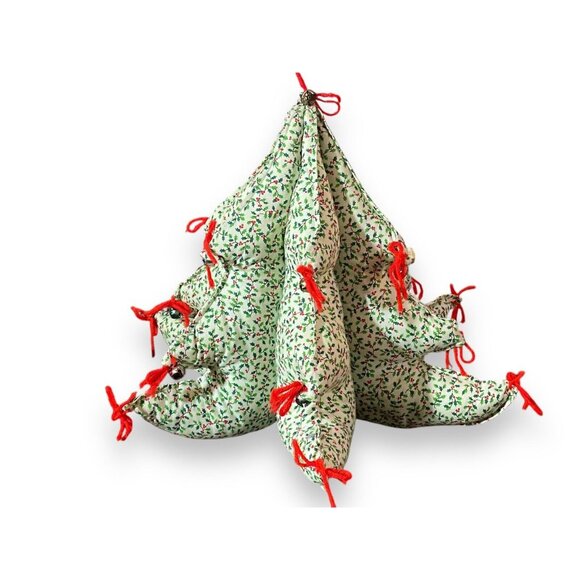 Handcrafted 3D Stuffed Fabric Christmas Tree 15" Holly Print & Bells Vintage - Picture 1 of 7